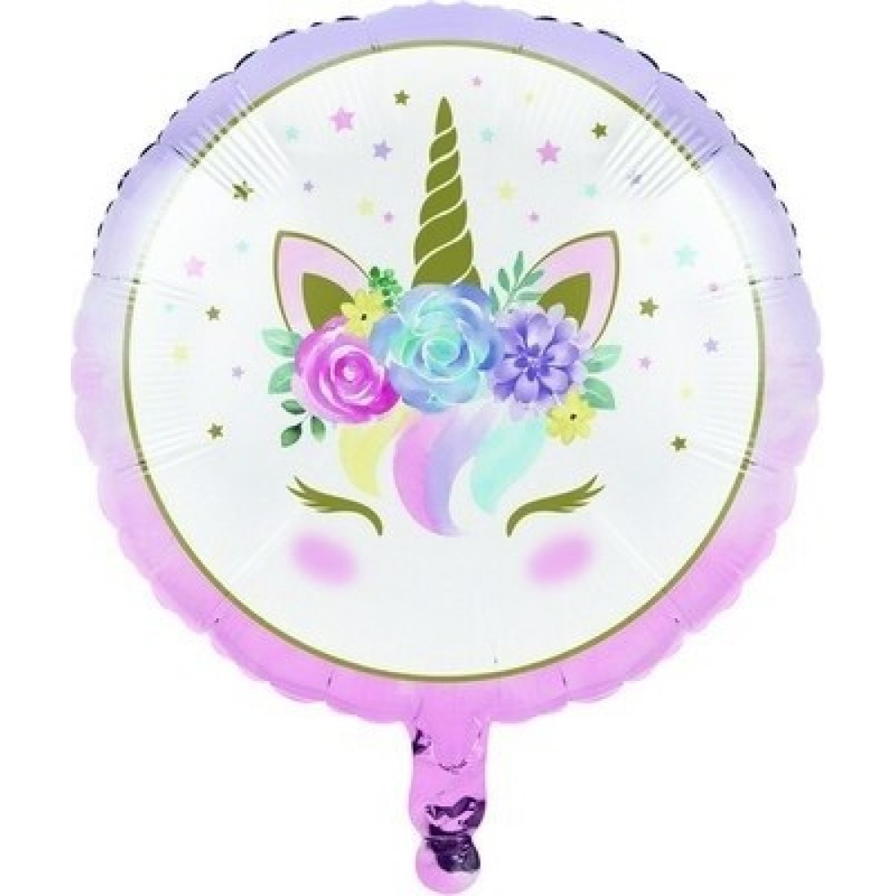 Palloncino Mylar Rotondo Unicorno con Coroncina di Fiori – 18'' (45 cm) | Graziano Sas
